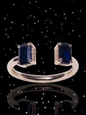💞Mirlo NY Black Sapphire Two Emerald Cut Prong Set "Open Ring" 14K YG • 5.5~6.5